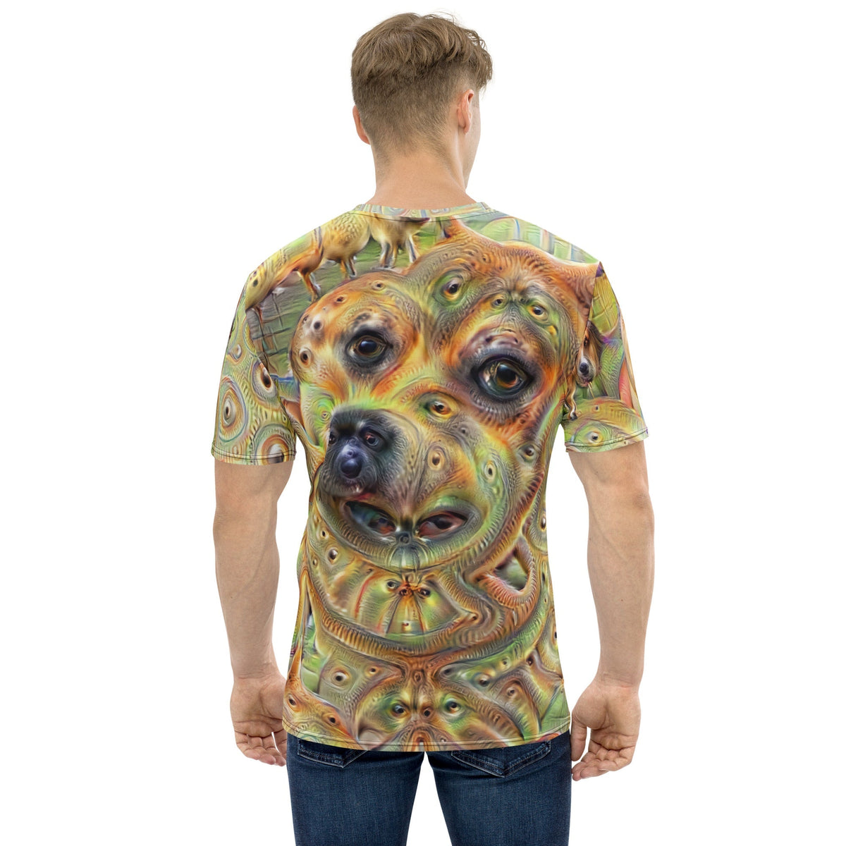 Product mockup photo of the Deep Dream Dogs T Shirt (men).