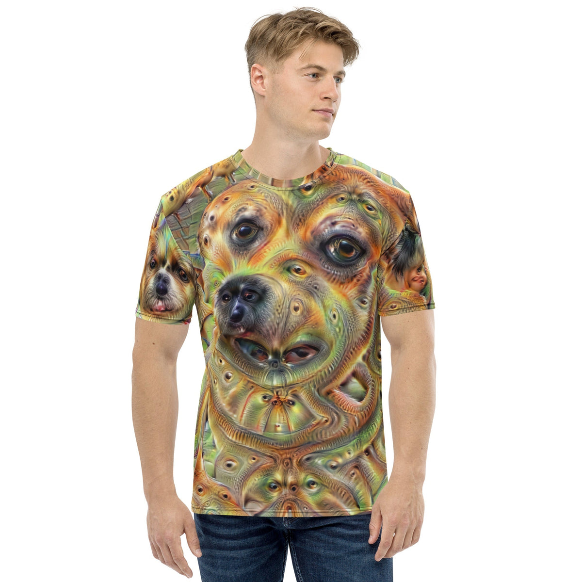 Product mockup photo of the Deep Dream Dogs T Shirt (men).