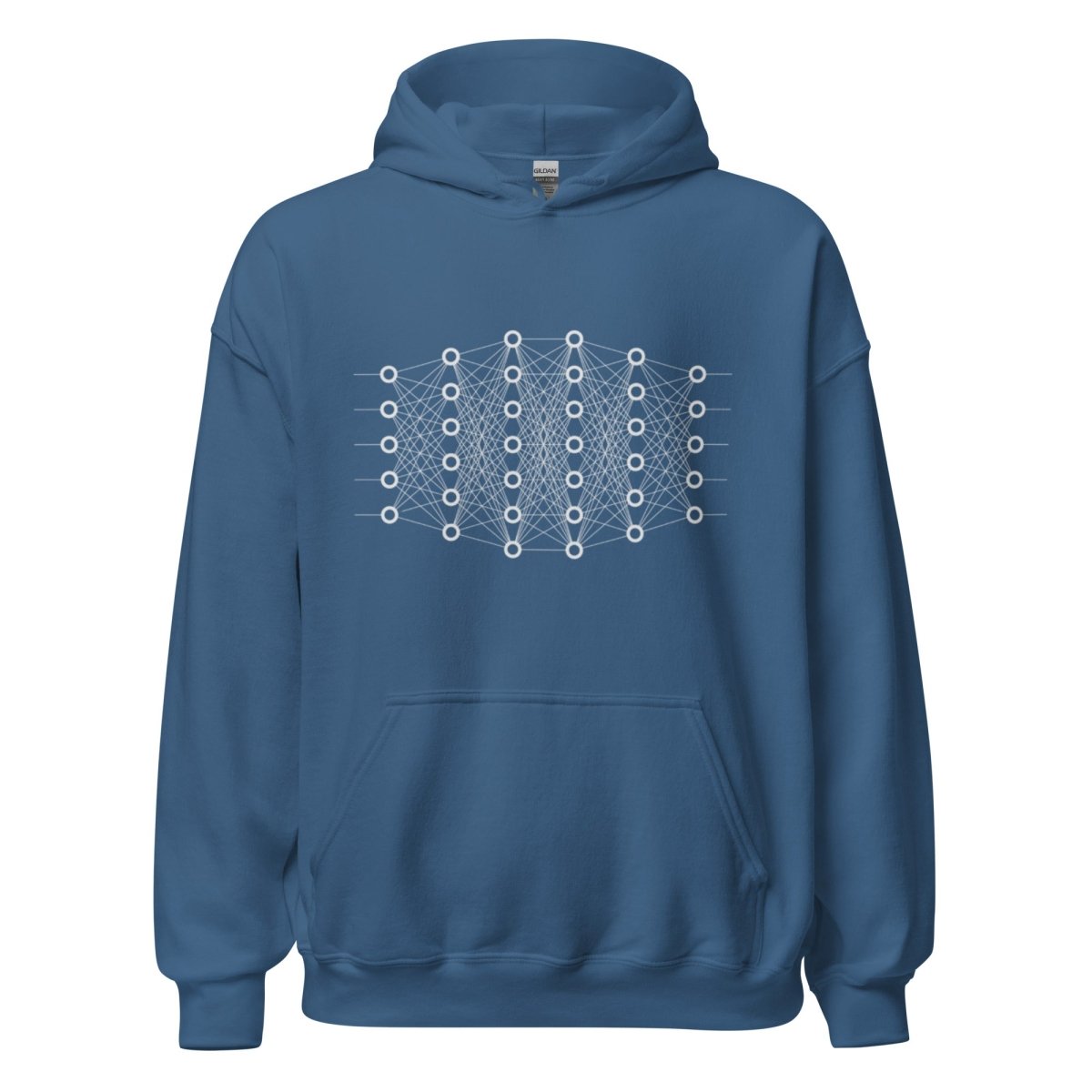 Product mockup photo of the Deep Learning Hoodie 2 (unisex) Indigo Blue / M.
