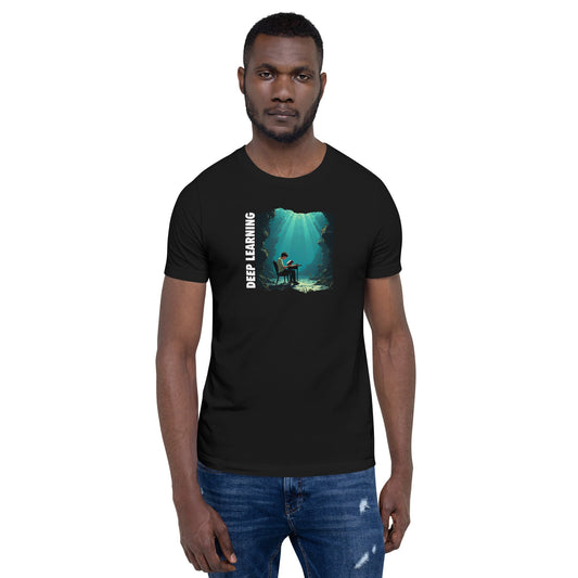 Product mockup photo of the Deep Learning Under Water T Shirt 3 (unisex).