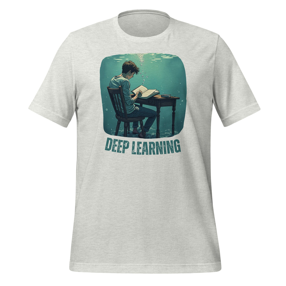 Product mockup photo of the Deep Learning Under Water T Shirt (unisex) Ash / M.