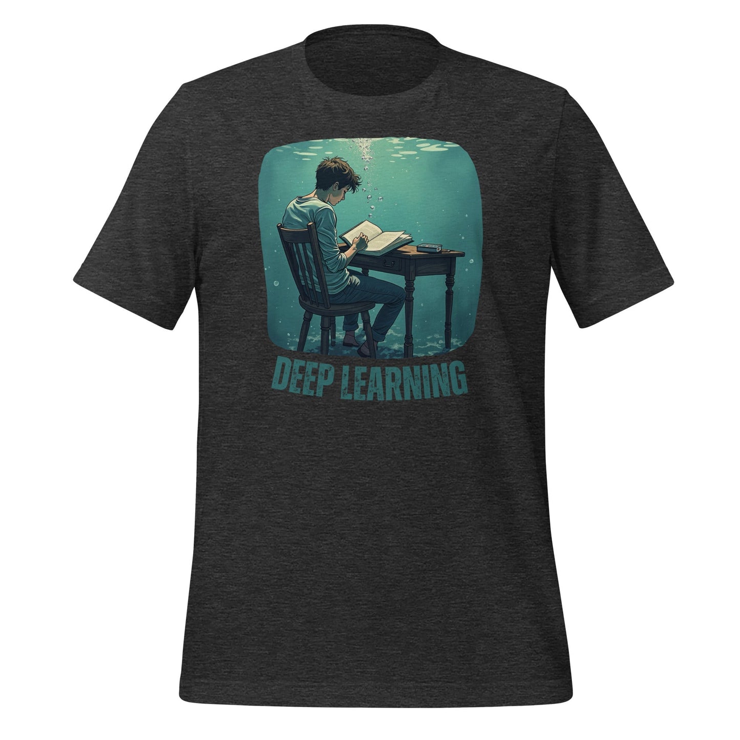 Product mockup photo of the Deep Learning Under Water T Shirt (unisex) Dark Grey Heather / M.