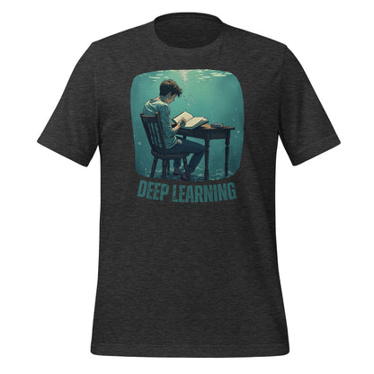 Product mockup photo of the Deep Learning Under Water T Shirt (unisex) Dark Grey Heather / M.
