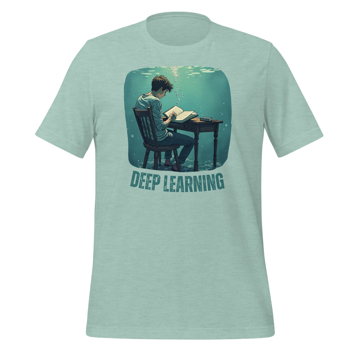Product mockup photo of the Deep Learning Under Water T Shirt (unisex) Heather Prism Dusty Blue / M.