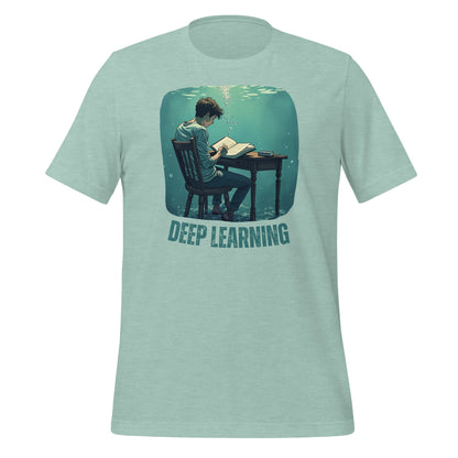 Product mockup photo of the Deep Learning Under Water T Shirt (unisex) Heather Prism Dusty Blue / M.