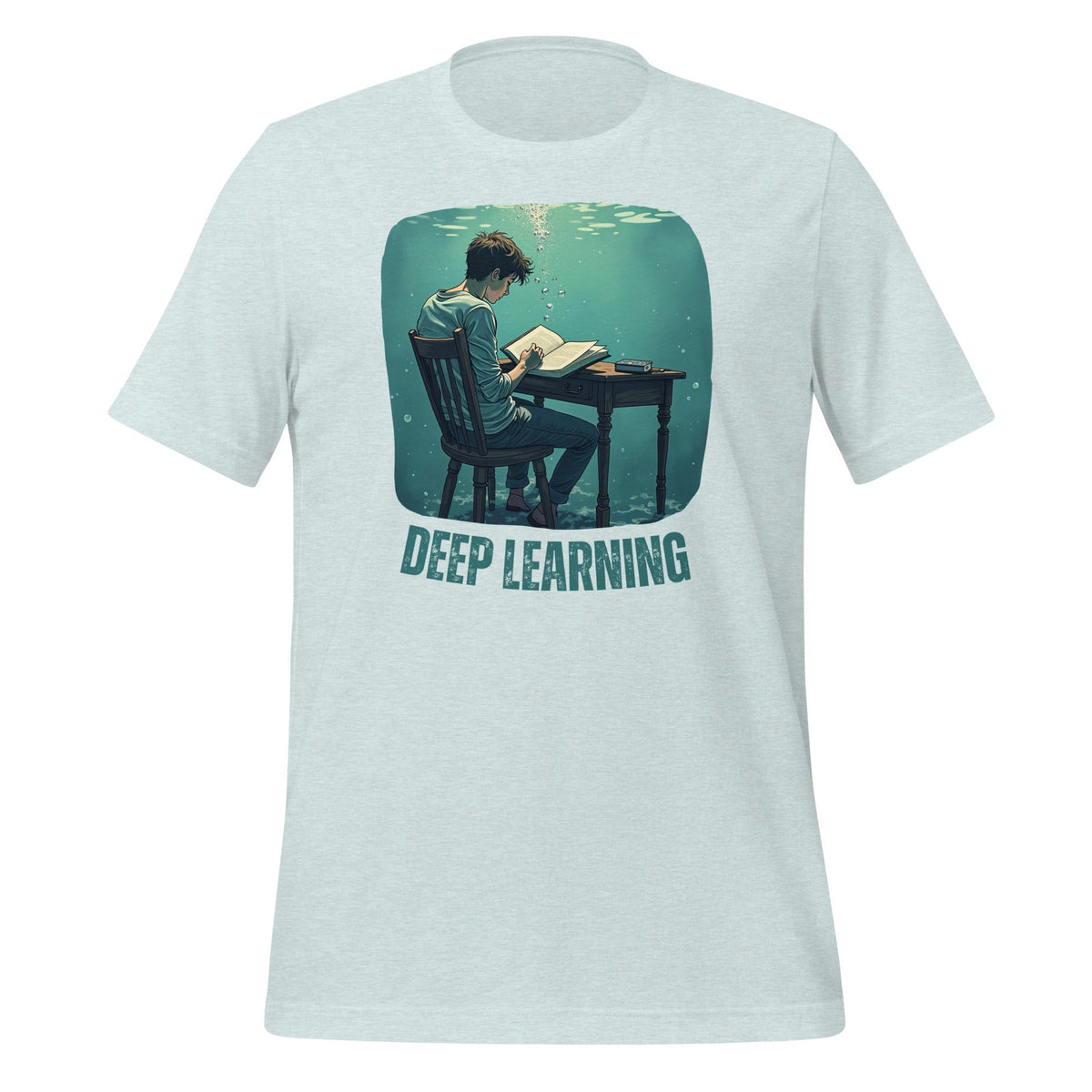 Product mockup photo of the Deep Learning Under Water T Shirt (unisex) Heather Prism Ice Blue / M.