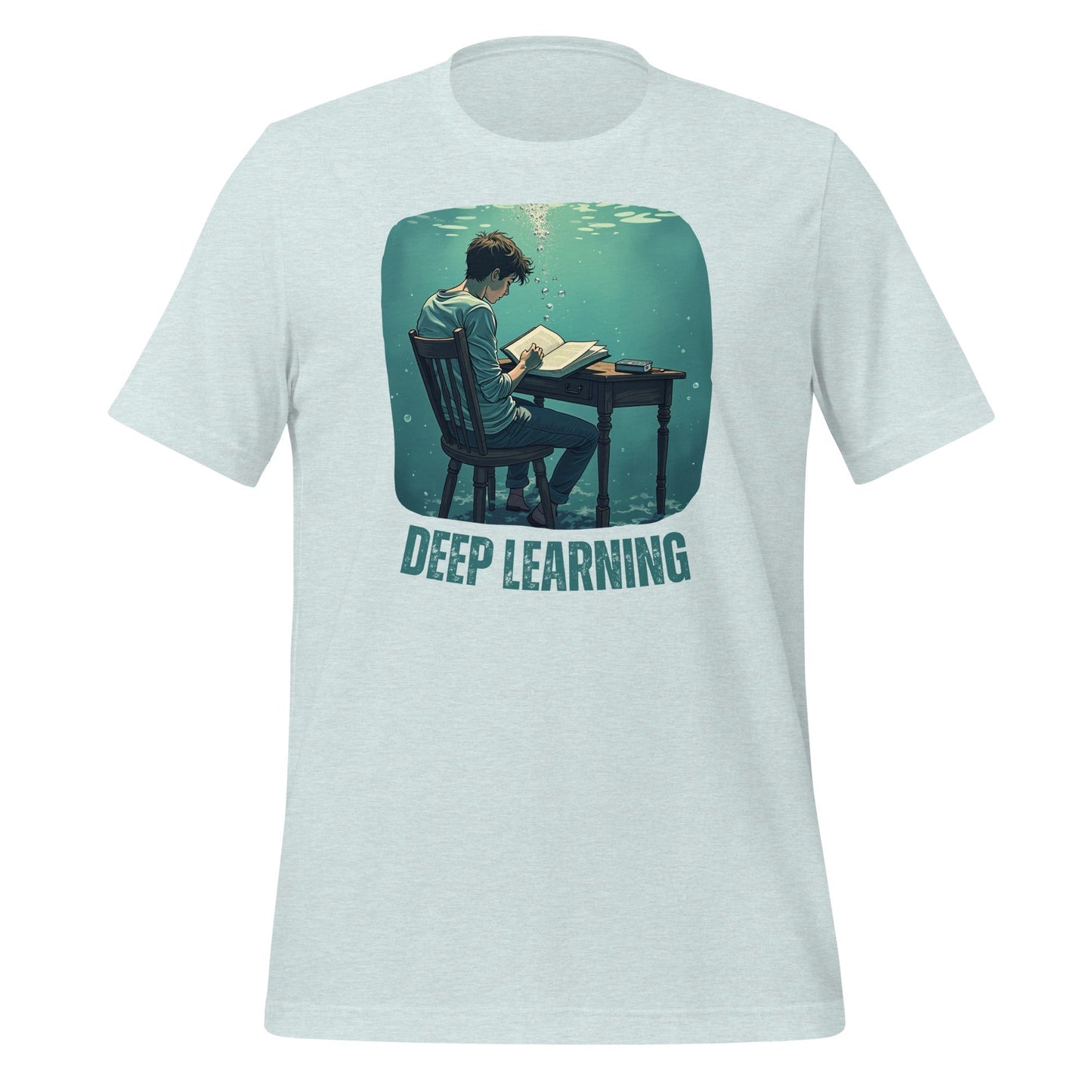 Product mockup photo of the Deep Learning Under Water T Shirt (unisex) Heather Prism Ice Blue / M.