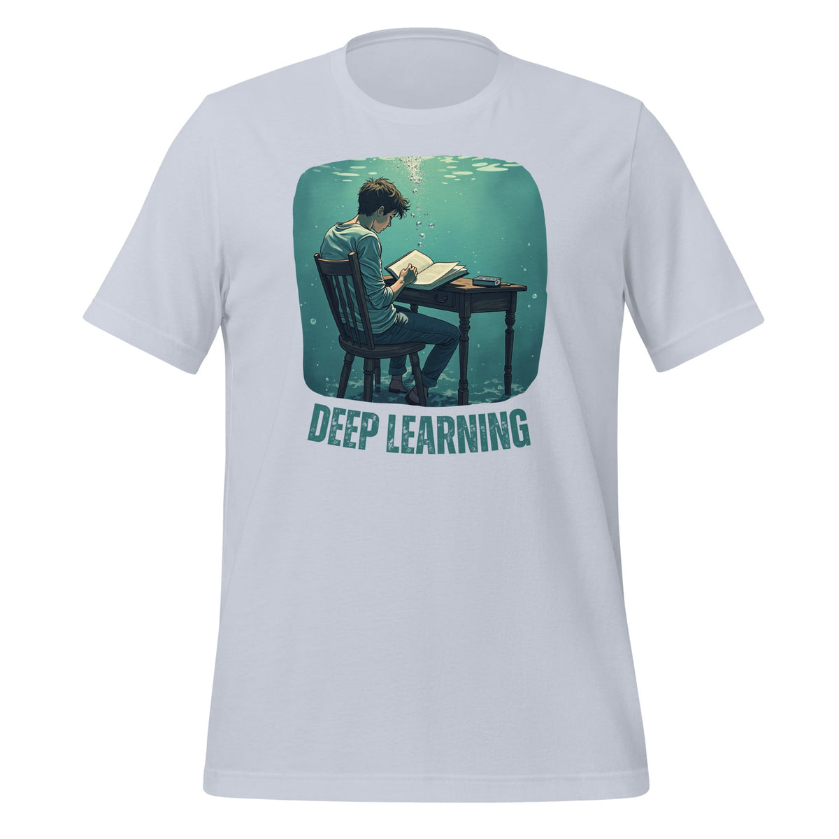 Product mockup photo of the Deep Learning Under Water T Shirt (unisex) Light Blue / M.