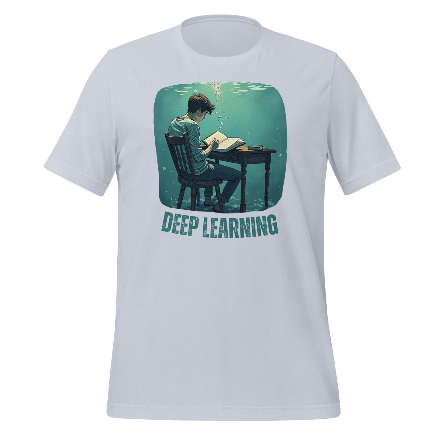 Product mockup photo of the Deep Learning Under Water T Shirt (unisex) Light Blue / M.