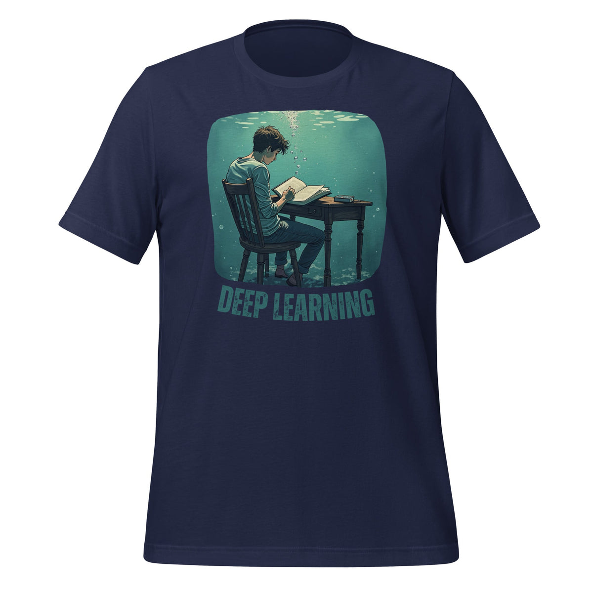 Product mockup photo of the Deep Learning Under Water T Shirt (unisex) Navy / M.