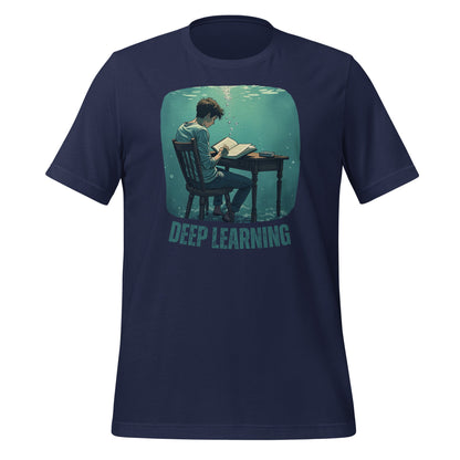 Product mockup photo of the Deep Learning Under Water T Shirt (unisex) Navy / M.