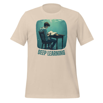 Product mockup photo of the Deep Learning Under Water T Shirt (unisex) Soft Cream / M.