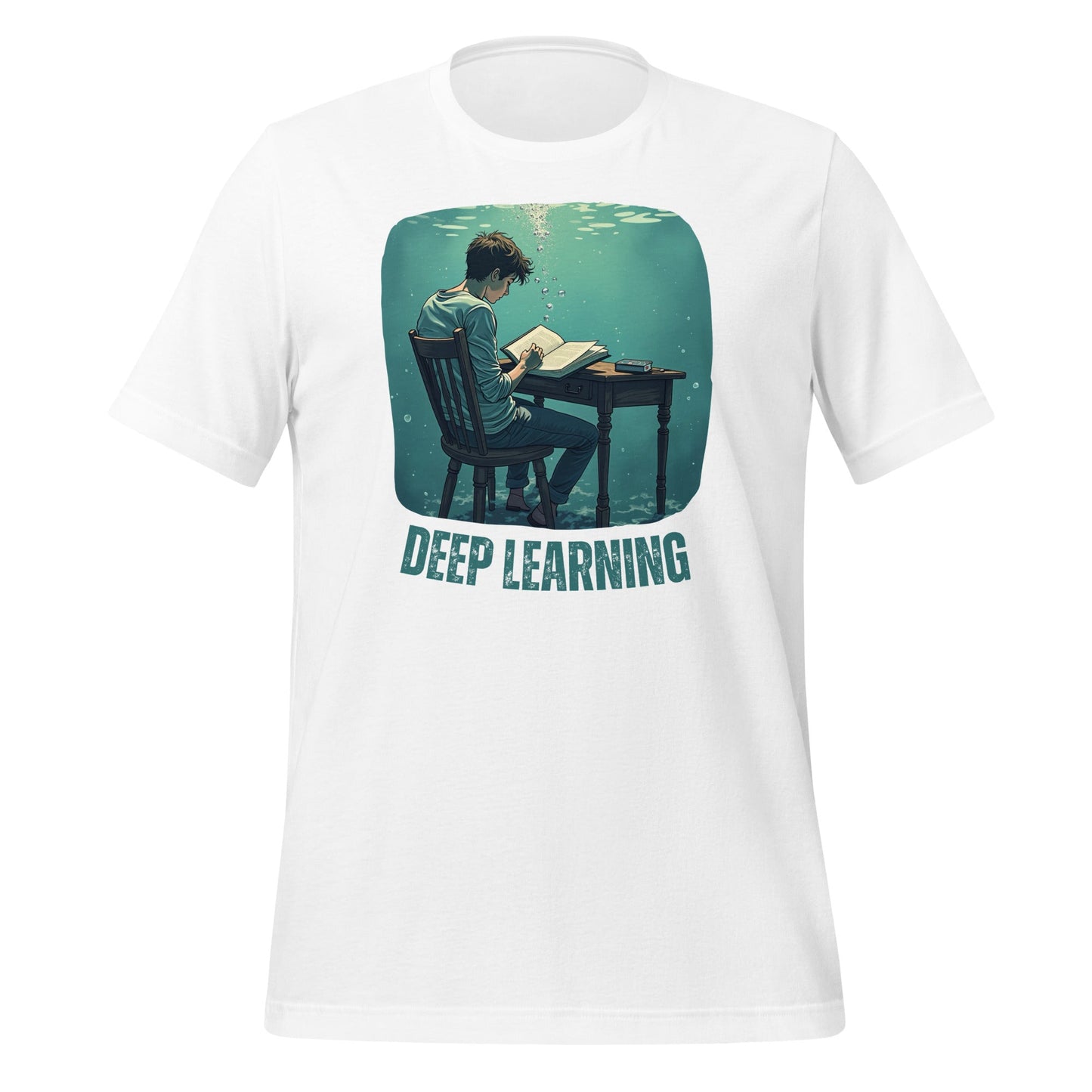 Product mockup photo of the Deep Learning Under Water T Shirt (unisex) White / M.