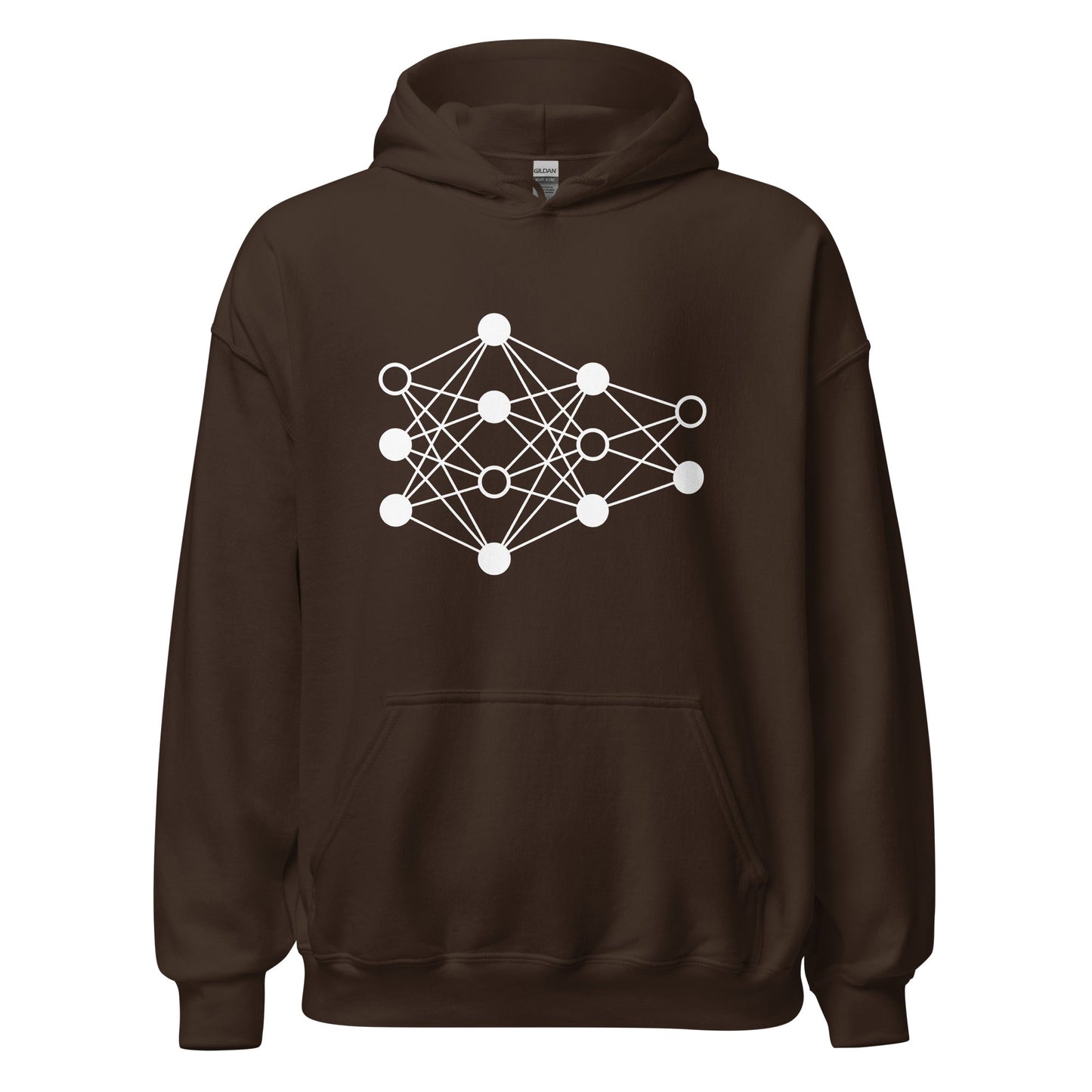 Product mockup photo of the Deep Neural Network Hoodie 3 (unisex) Dark Chocolate / M.