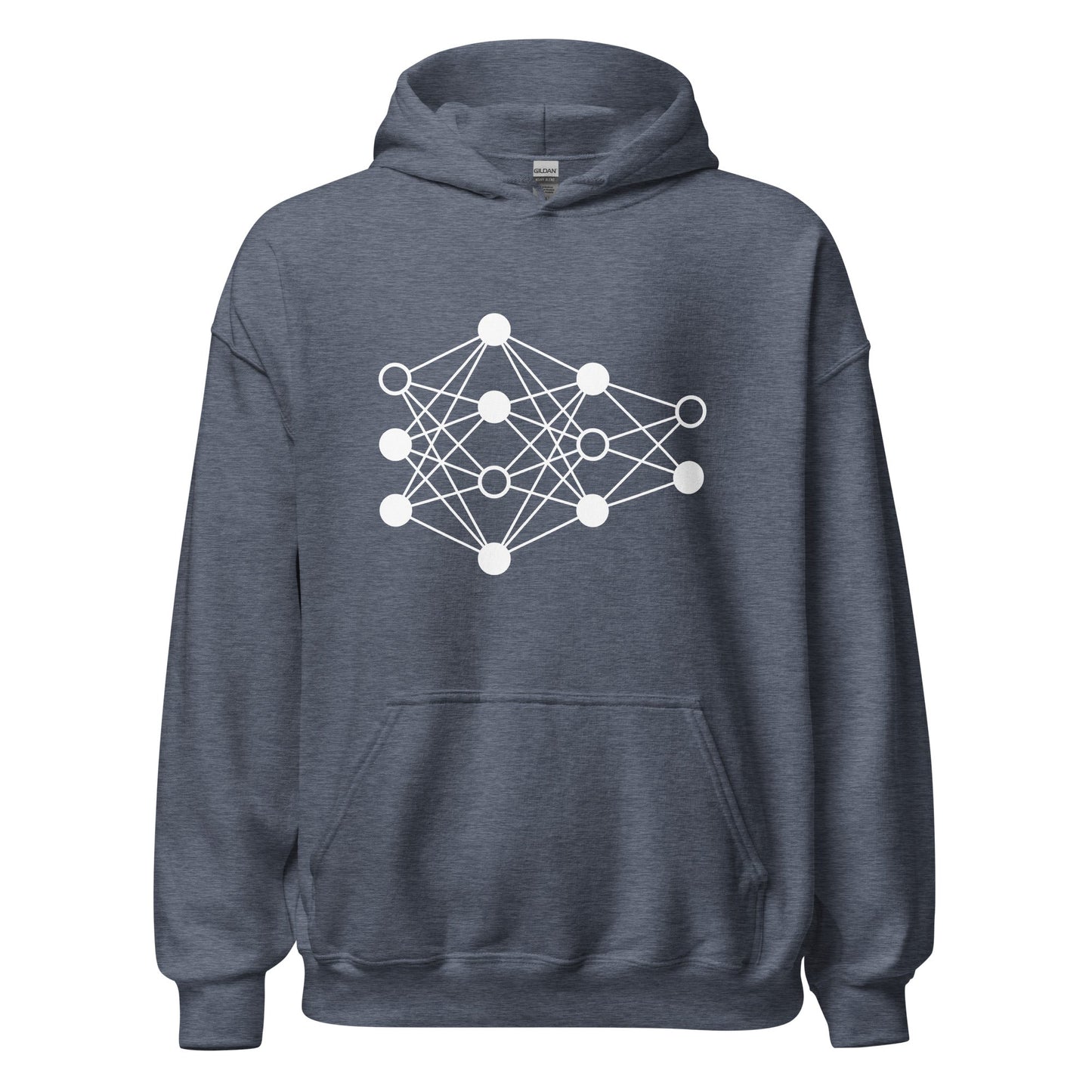 Product mockup photo of the Deep Neural Network Hoodie 3 (unisex) Heather Sport Dark Navy / M.