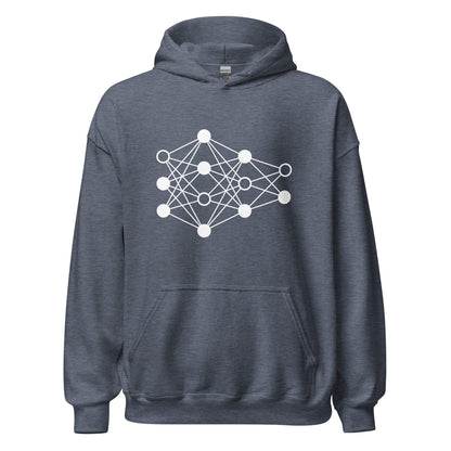 Product mockup photo of the Deep Neural Network Hoodie 3 (unisex) Heather Sport Dark Navy / M.