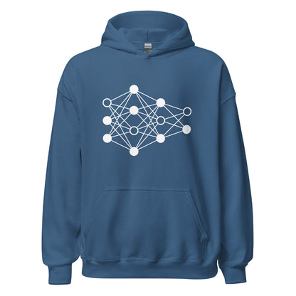 Product mockup photo of the Deep Neural Network Hoodie 3 (unisex) Indigo Blue / M.