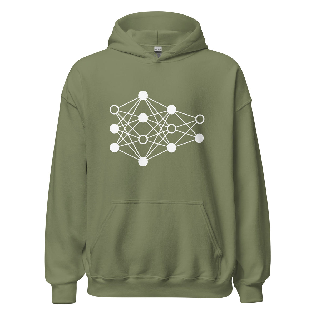 Product mockup photo of the Deep Neural Network Hoodie 3 (unisex) Military Green / M.