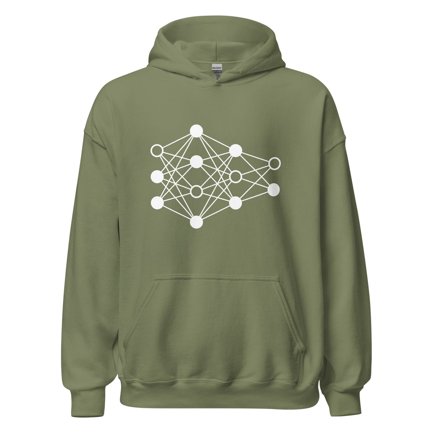 Product mockup photo of the Deep Neural Network Hoodie 3 (unisex) Military Green / M.