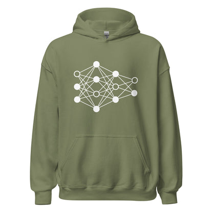 Product mockup photo of the Deep Neural Network Hoodie 3 (unisex) Military Green / M.