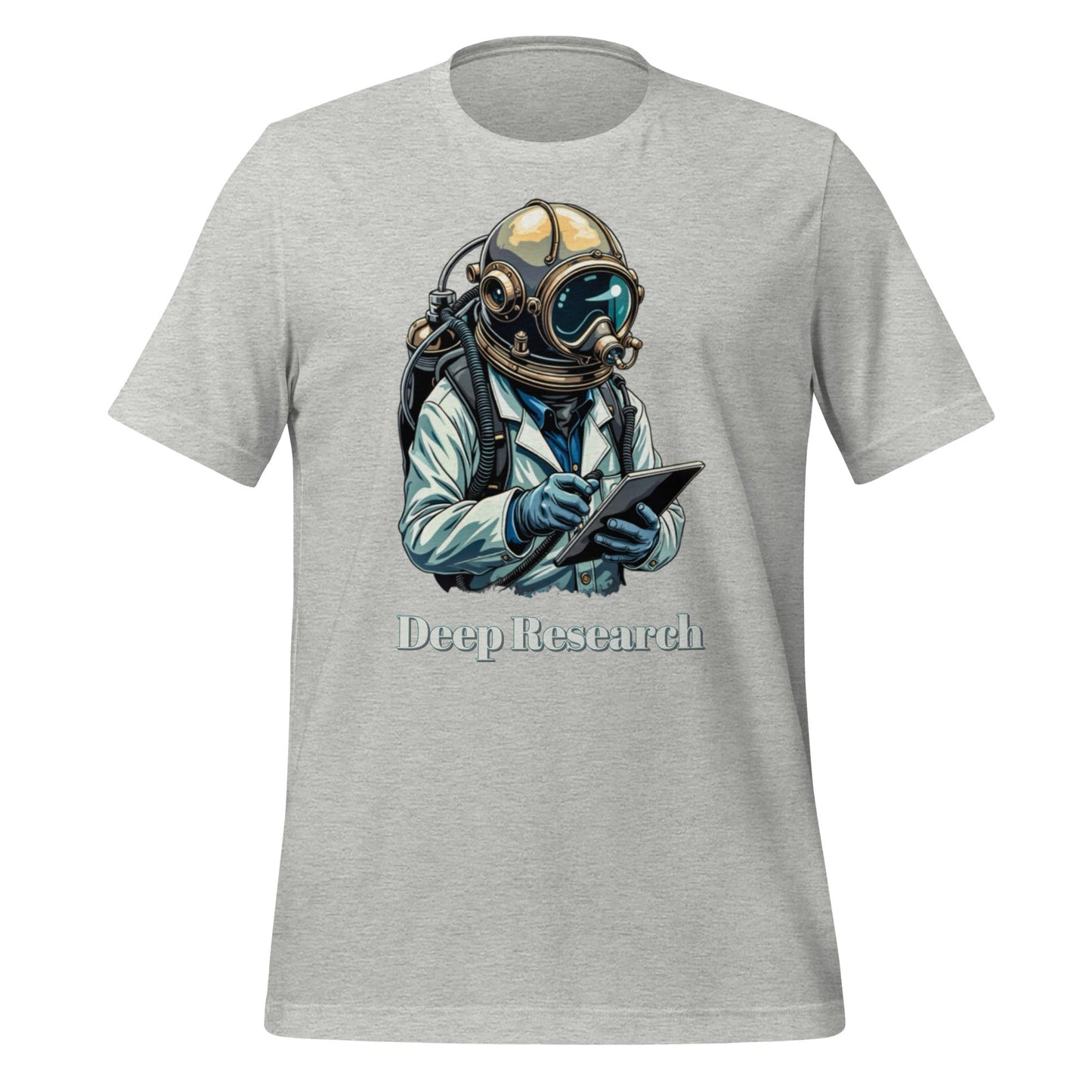 Product mockup photo of the Deep Research Diver T Shirt (unisex) Athletic Heather / M.