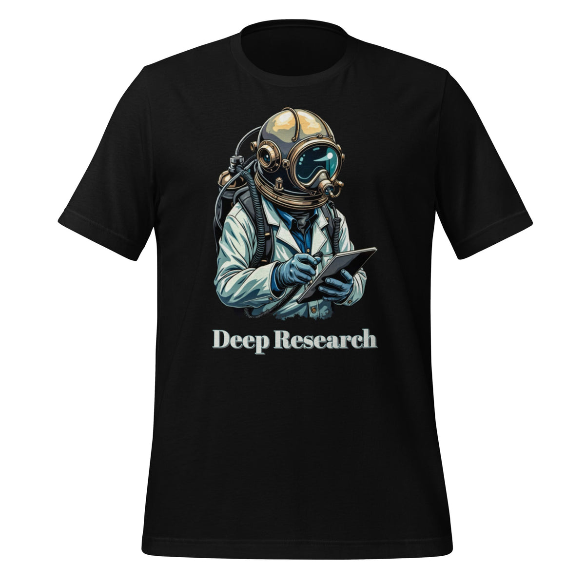 Product mockup photo of the Deep Research Diver T Shirt (unisex) Black / M.