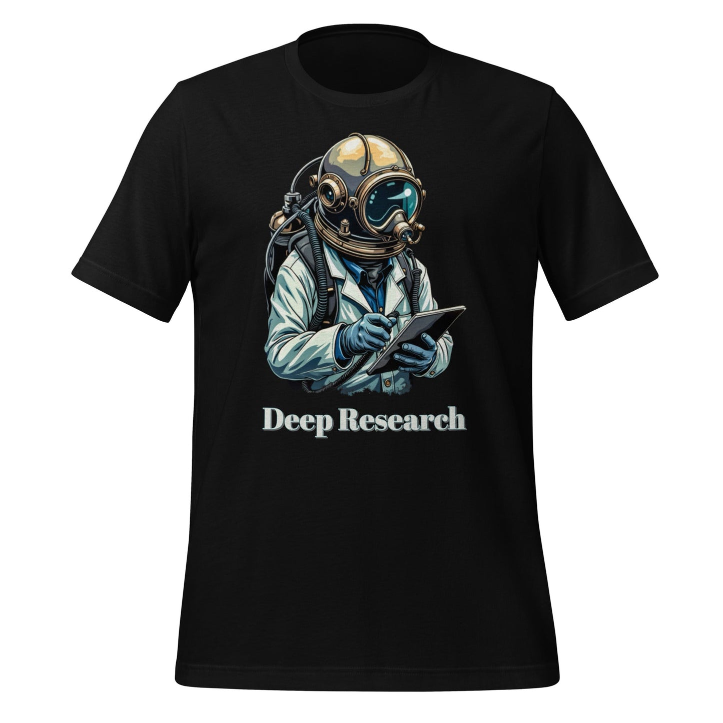 Product mockup photo of the Deep Research Diver T Shirt (unisex) Black / M.