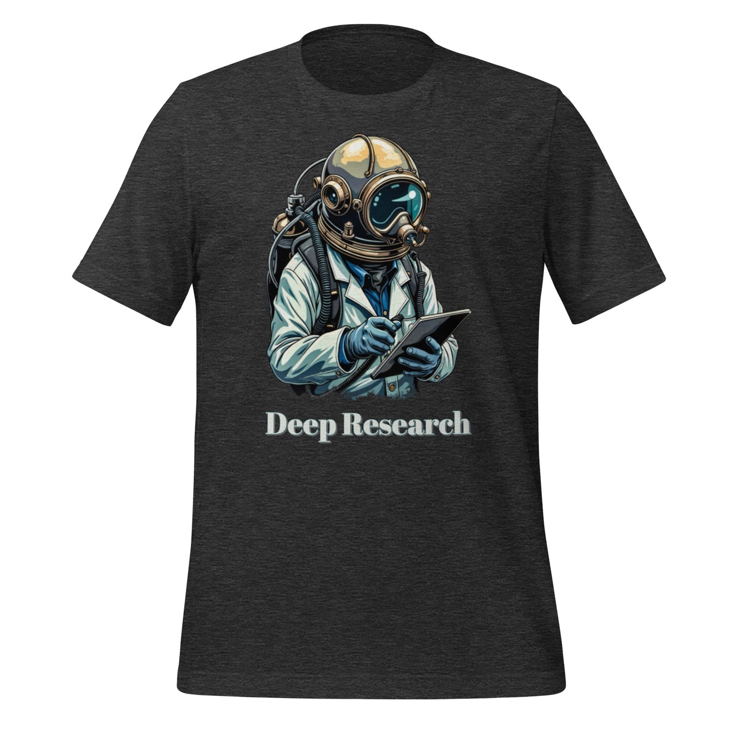 Product mockup photo of the Deep Research Diver T Shirt (unisex) Dark Grey Heather / M.