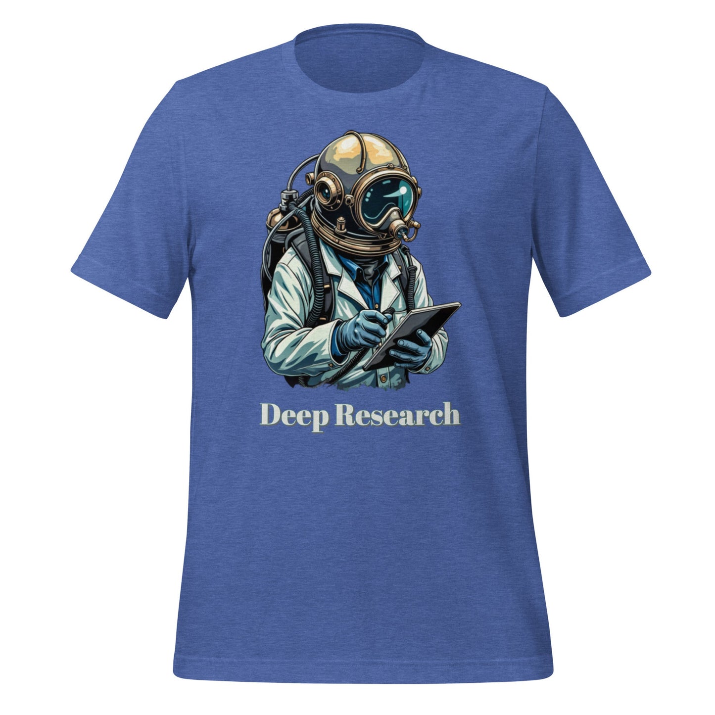 Product mockup photo of the Deep Research Diver T Shirt (unisex) Heather True Royal / M.