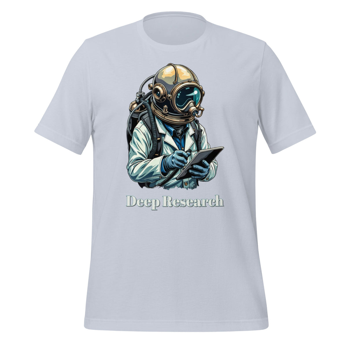 Product mockup photo of the Deep Research Diver T Shirt (unisex) Light Blue / M.