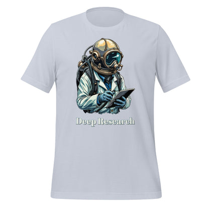 Product mockup photo of the Deep Research Diver T Shirt (unisex) Light Blue / M.