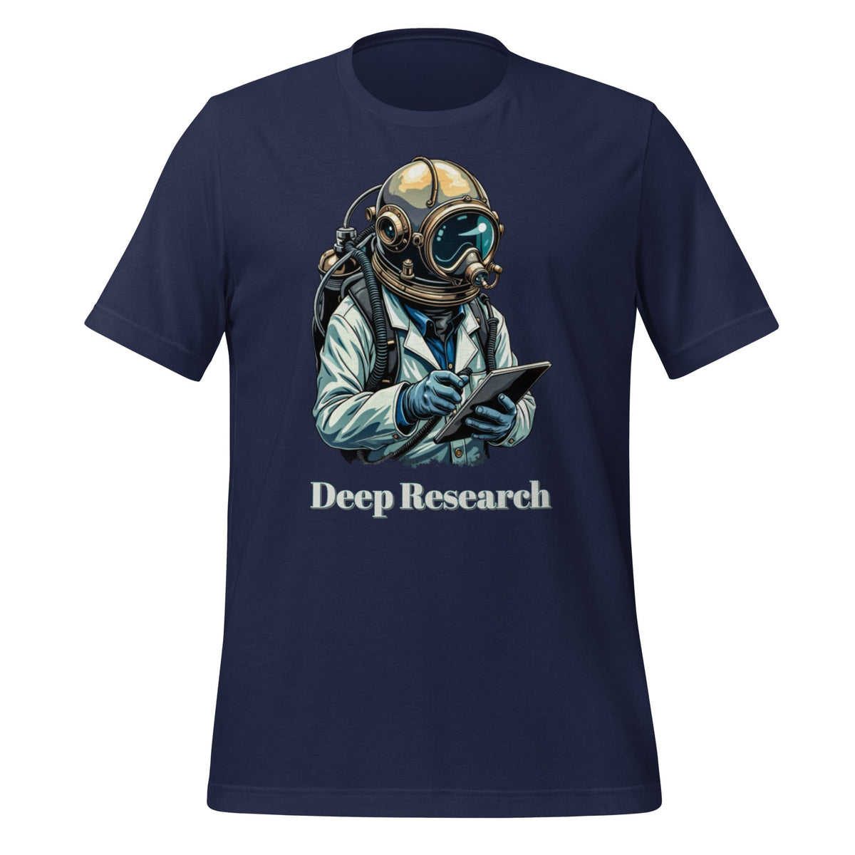 Product mockup photo of the Deep Research Diver T Shirt (unisex) Navy / M.