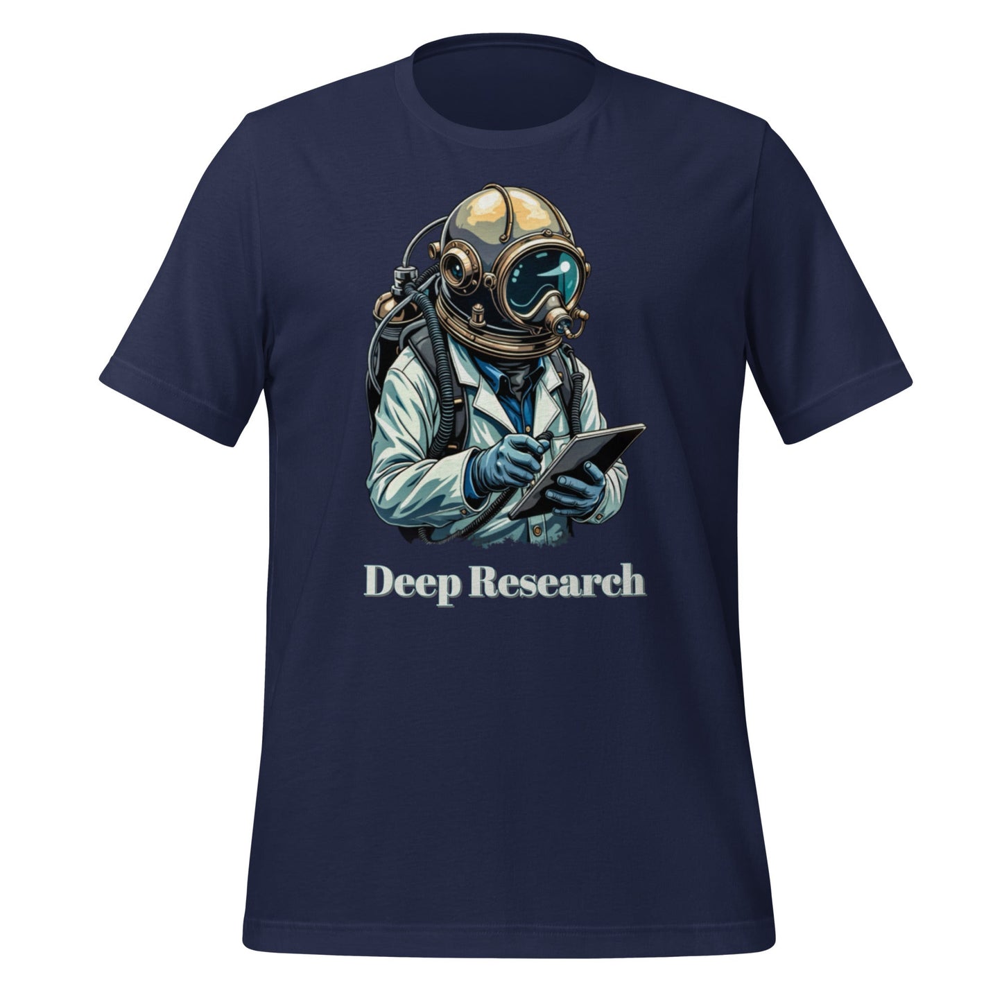 Product mockup photo of the Deep Research Diver T Shirt (unisex) Navy / M.