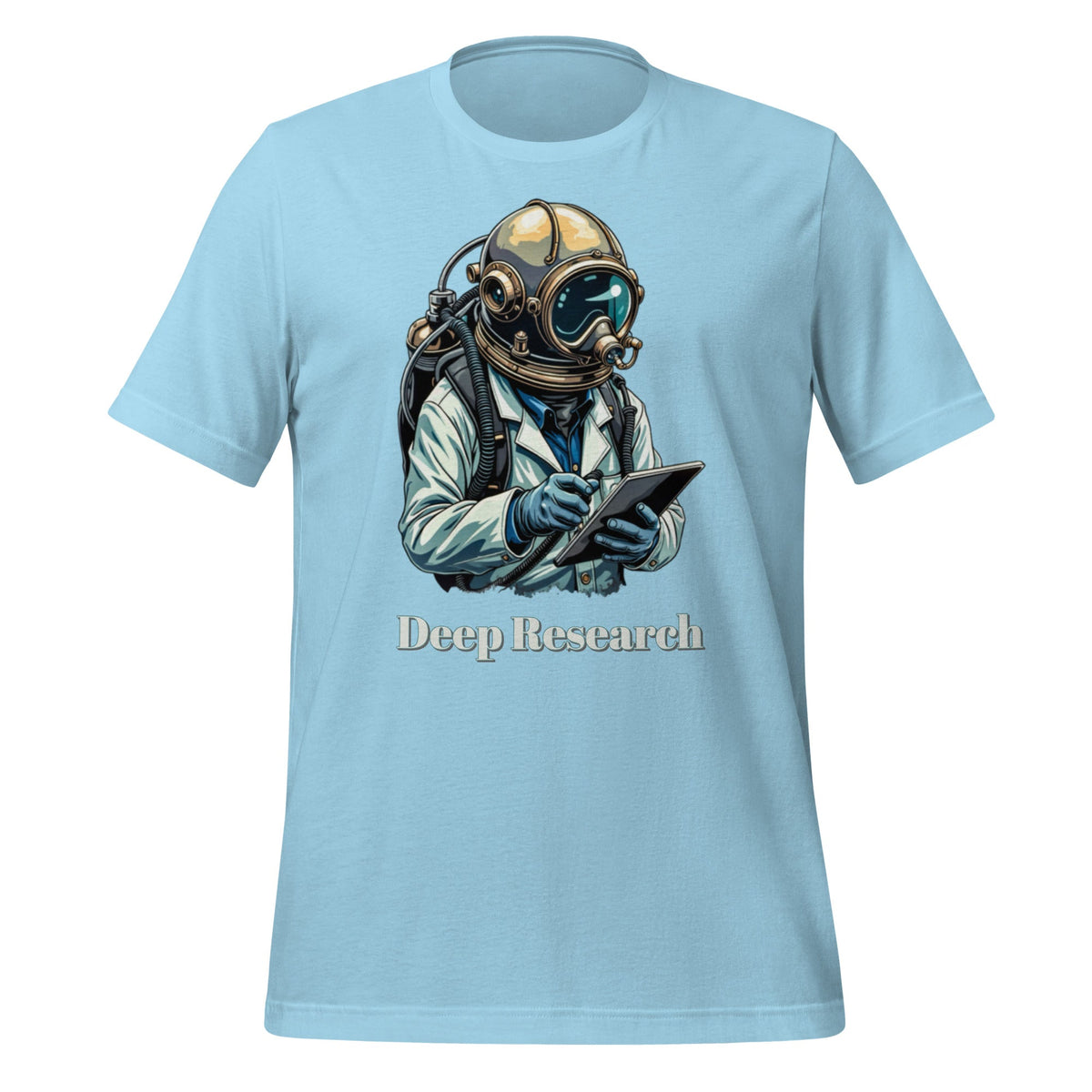 Product mockup photo of the Deep Research Diver T Shirt (unisex) Ocean Blue / M.