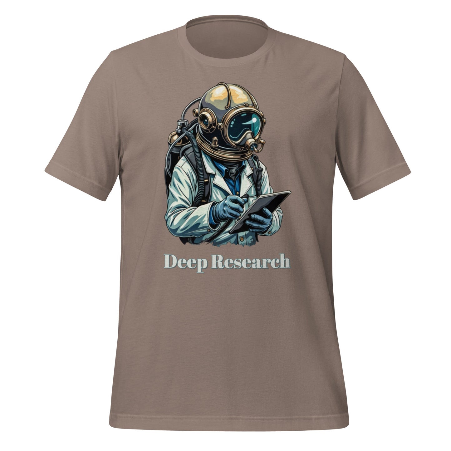 Product mockup photo of the Deep Research Diver T Shirt (unisex) Pebble / M.