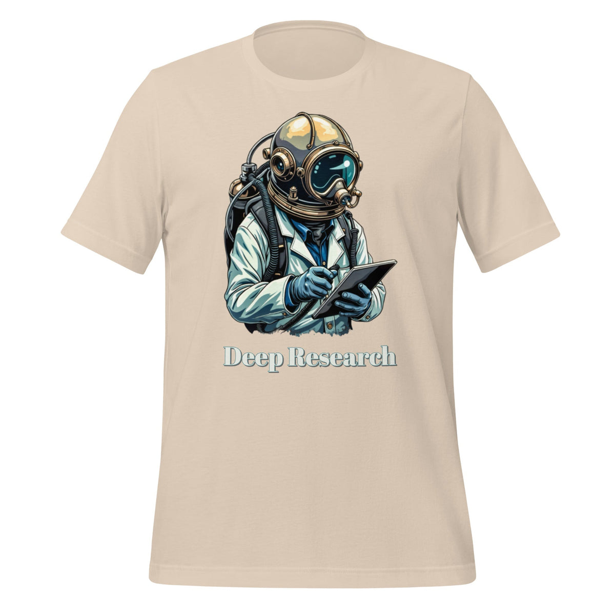 Product mockup photo of the Deep Research Diver T Shirt (unisex) Soft Cream / M.