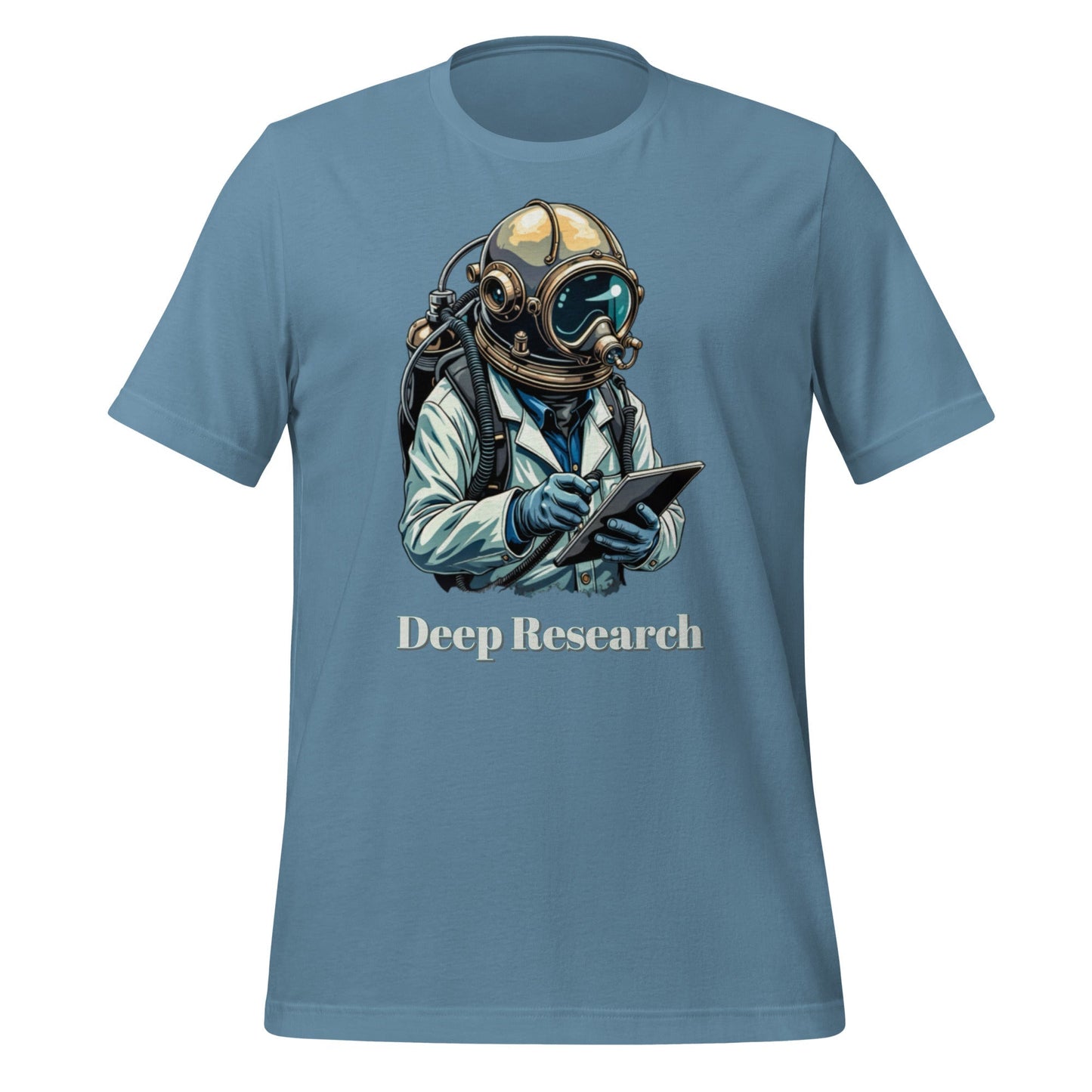 Product mockup photo of the Deep Research Diver T Shirt (unisex) Steel Blue / M.