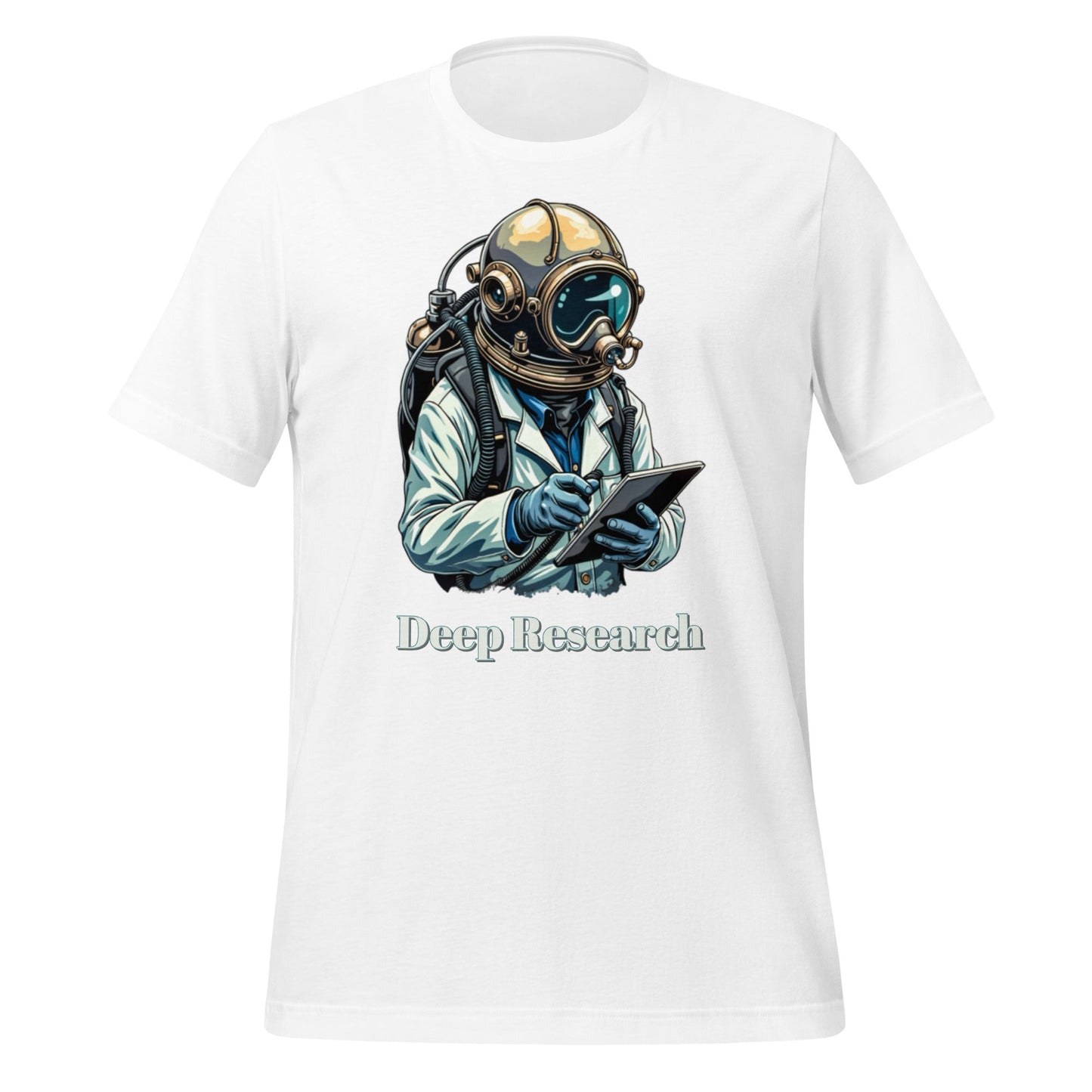 Product mockup photo of the Deep Research Diver T Shirt (unisex) White / M.
