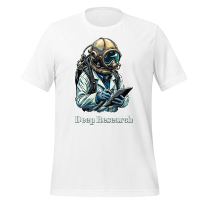 Product mockup photo of the Deep Research Diver T Shirt (unisex) White / M.