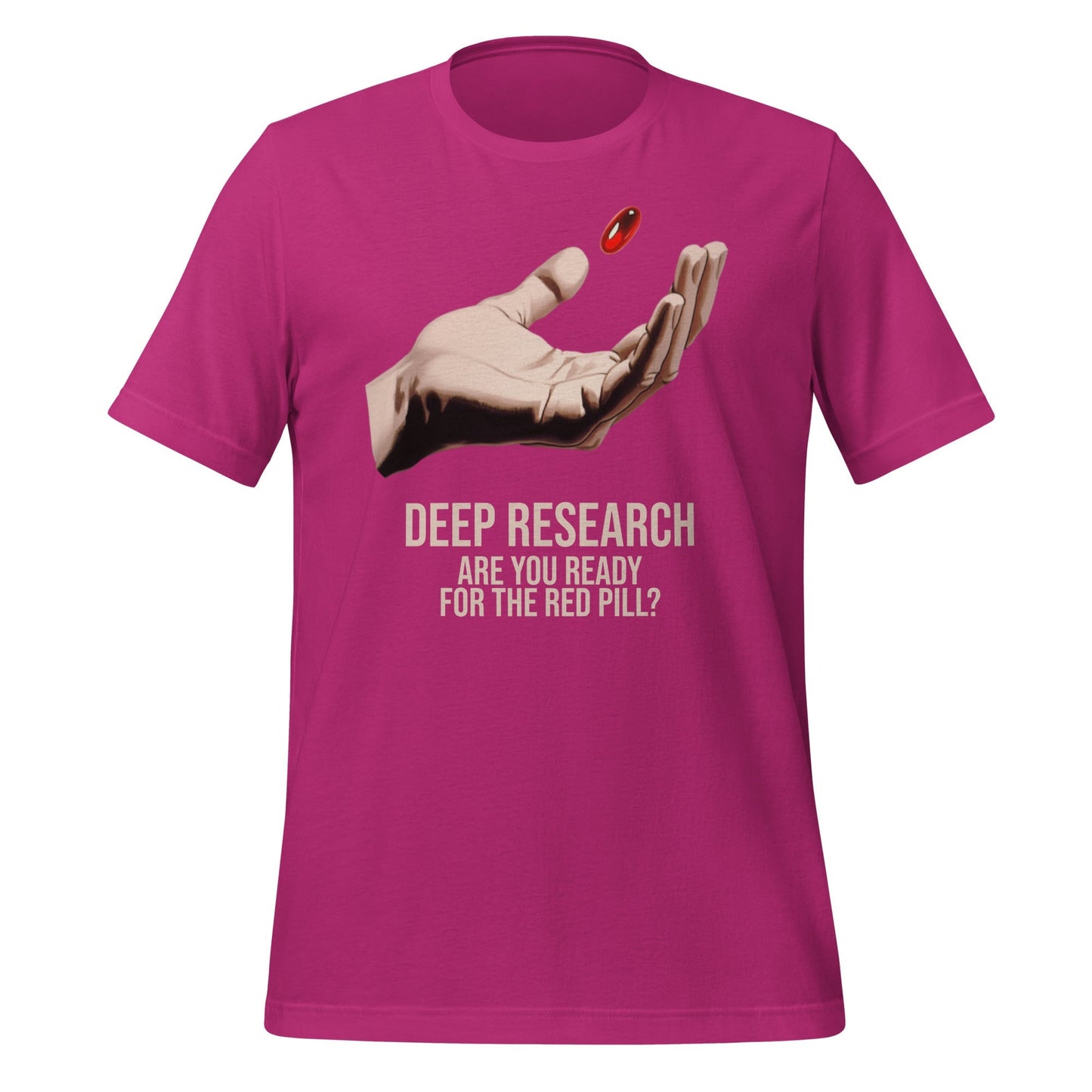 Product mockup photo of the Deep Research Red Pill T Shirt (unisex) Berry / M.