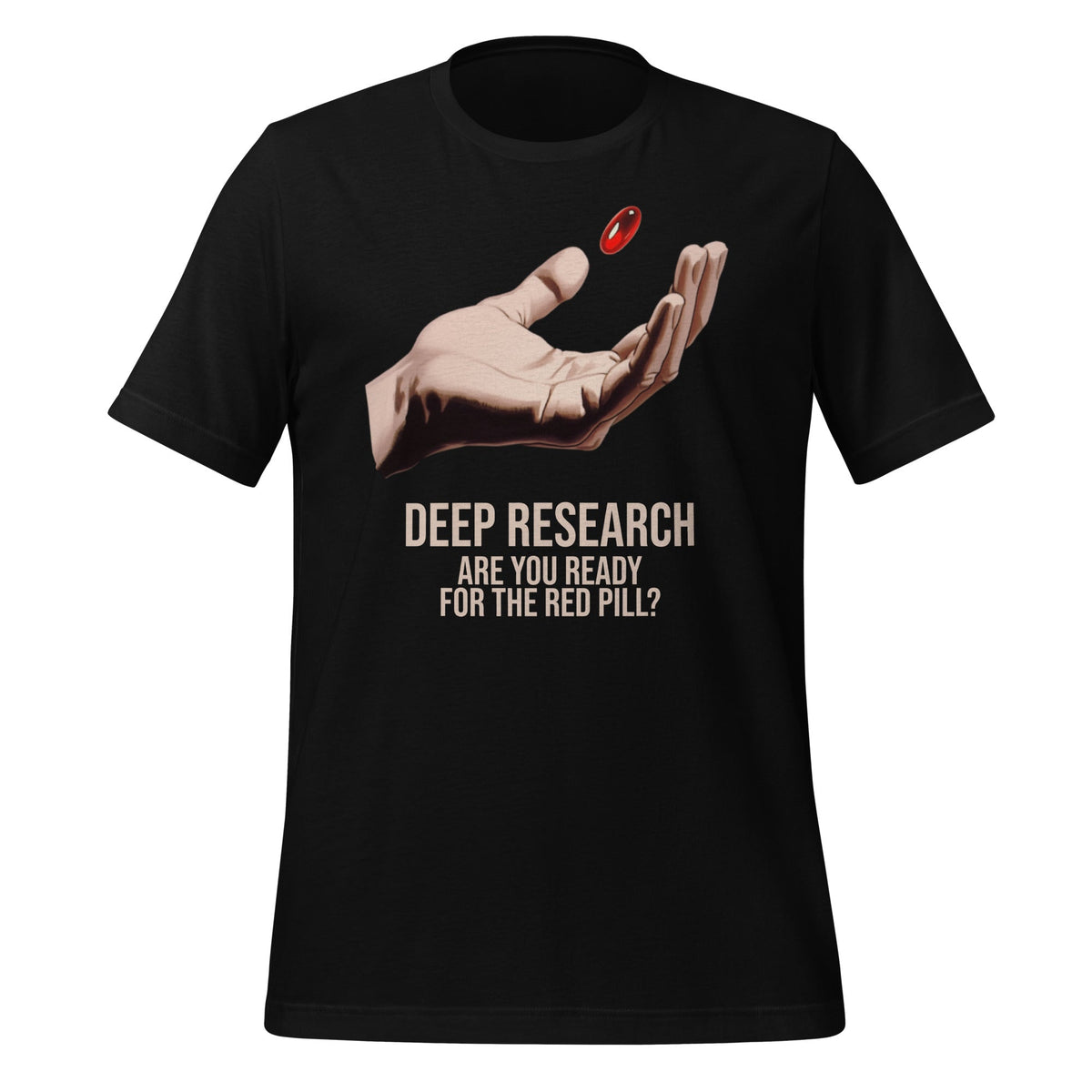 Product mockup photo of the Deep Research Red Pill T Shirt (unisex) Black / M.