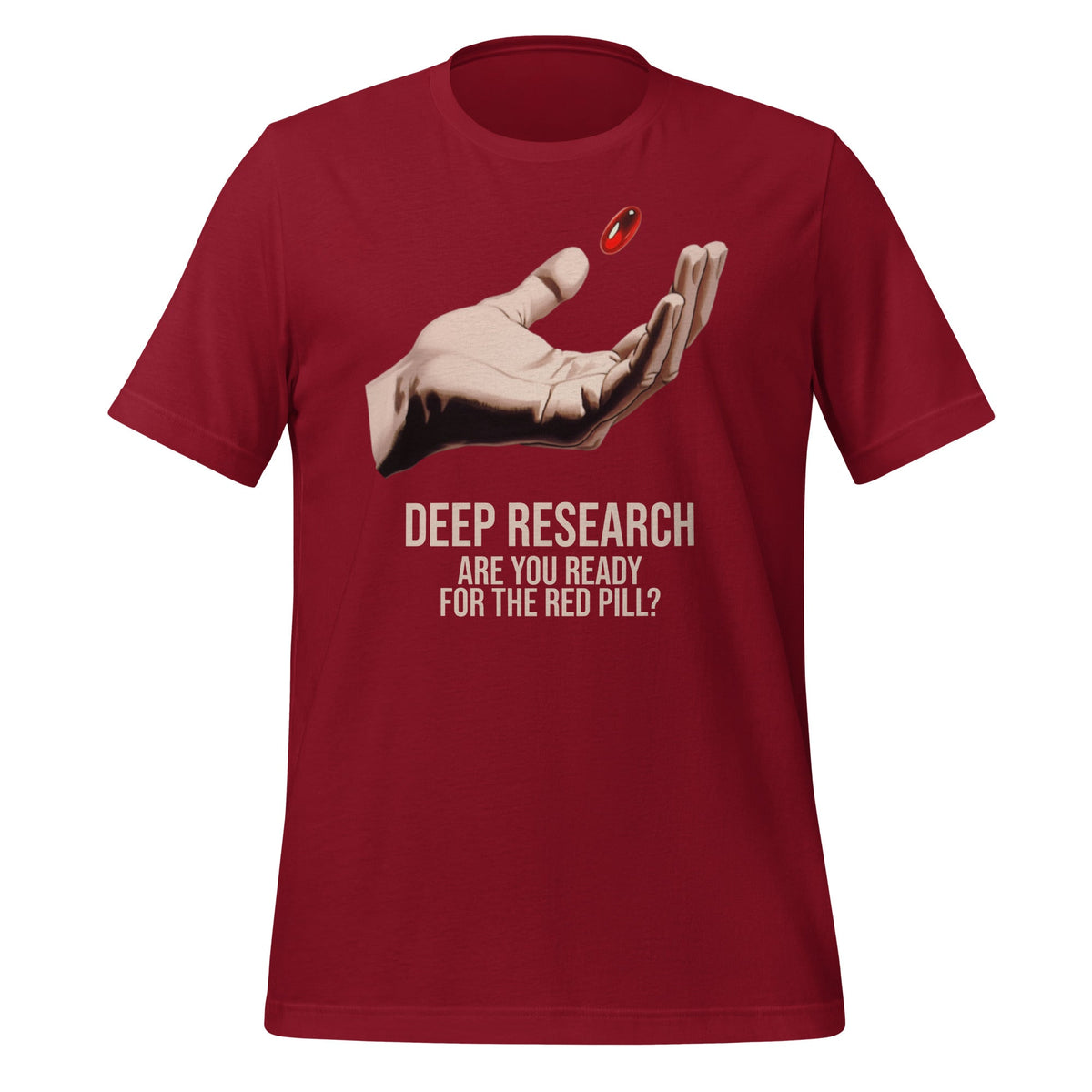Product mockup photo of the Deep Research Red Pill T Shirt (unisex) Cardinal / M.