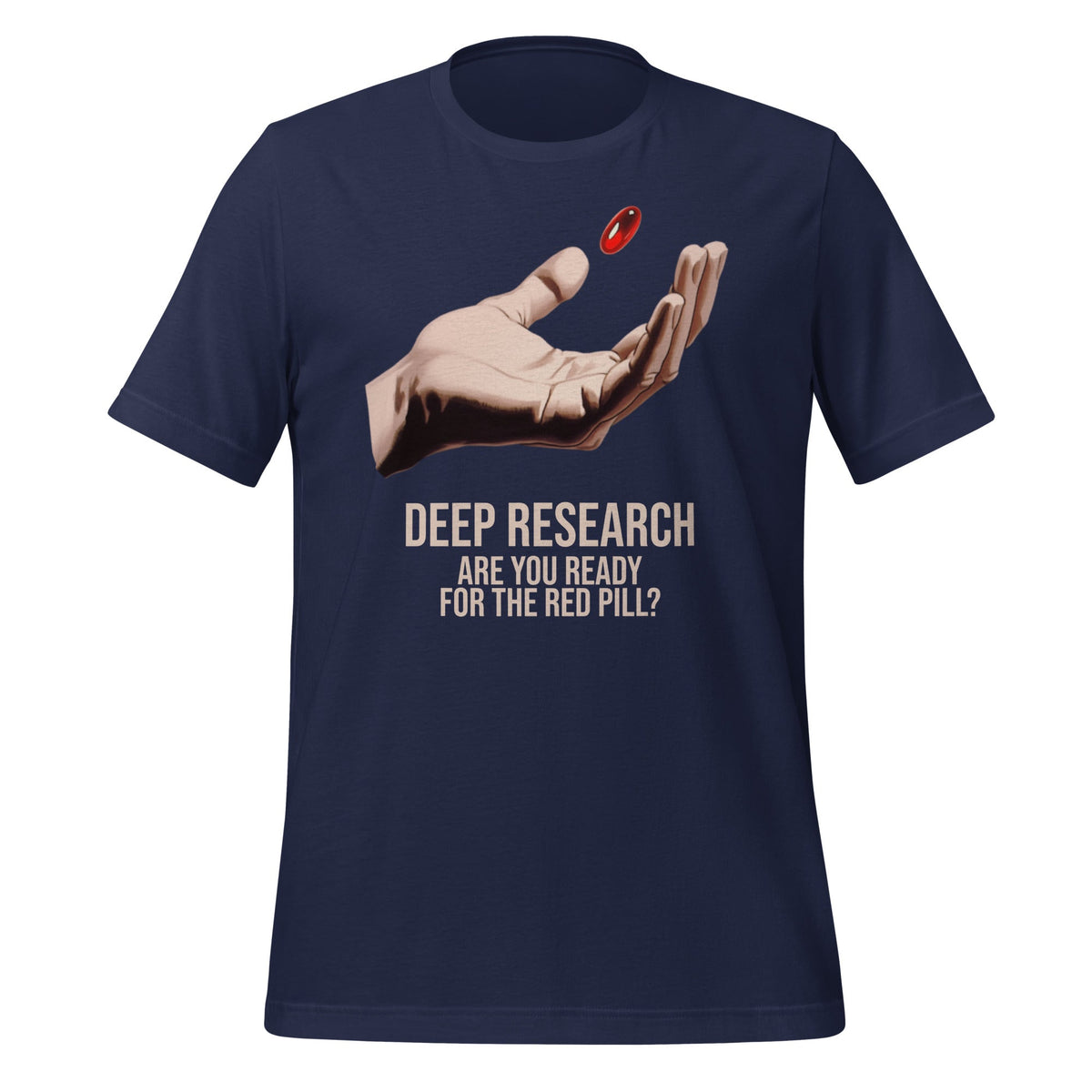 Product mockup photo of the Deep Research Red Pill T Shirt (unisex) Navy / M.