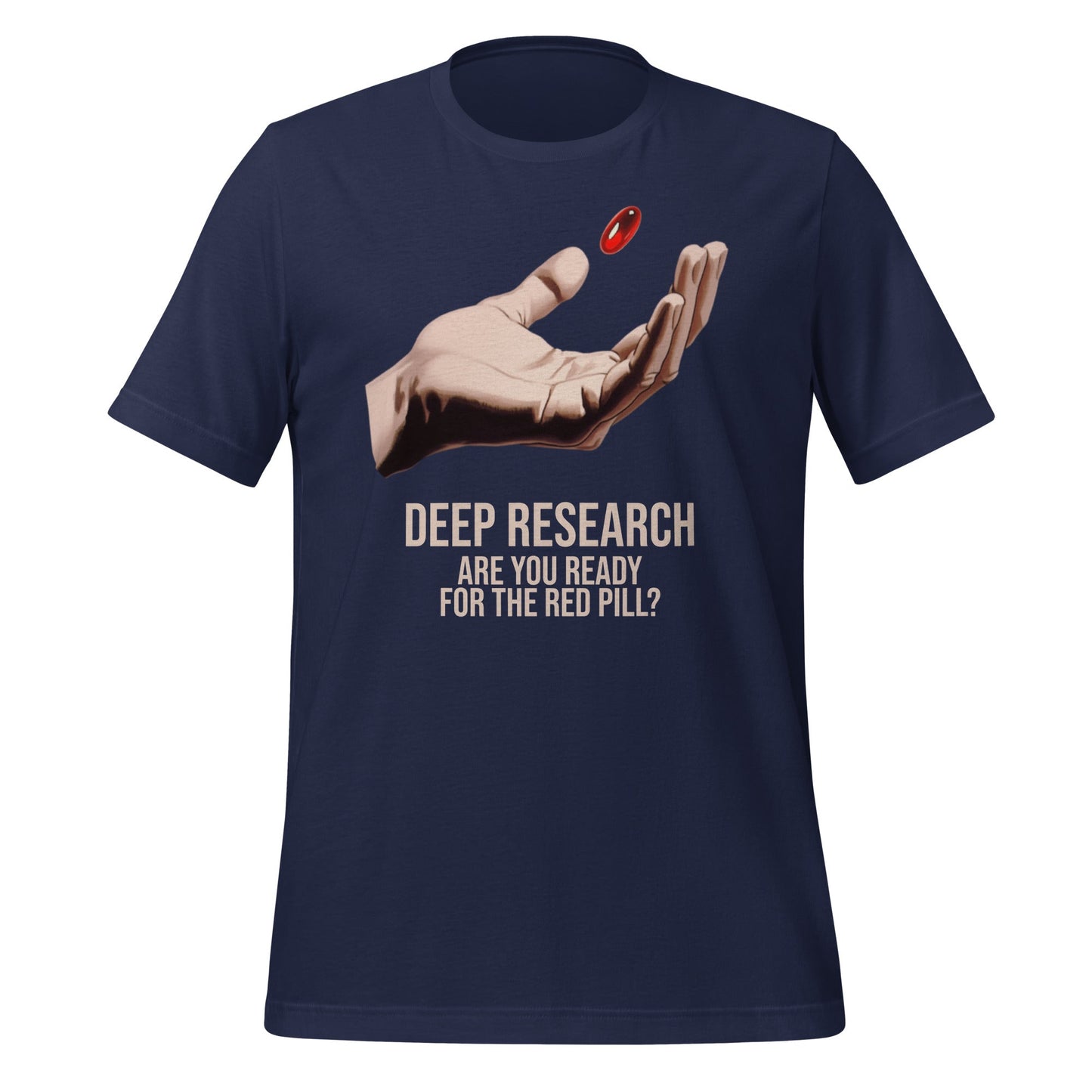Product mockup photo of the Deep Research Red Pill T Shirt (unisex) Navy / M.