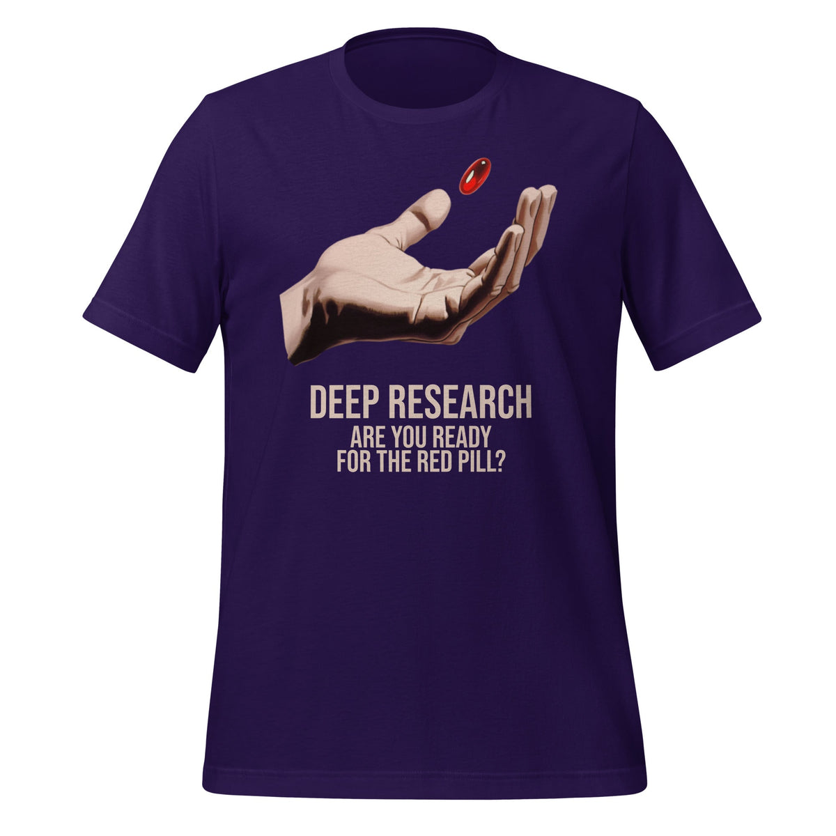 Product mockup photo of the Deep Research Red Pill T Shirt (unisex) Team Purple / M.