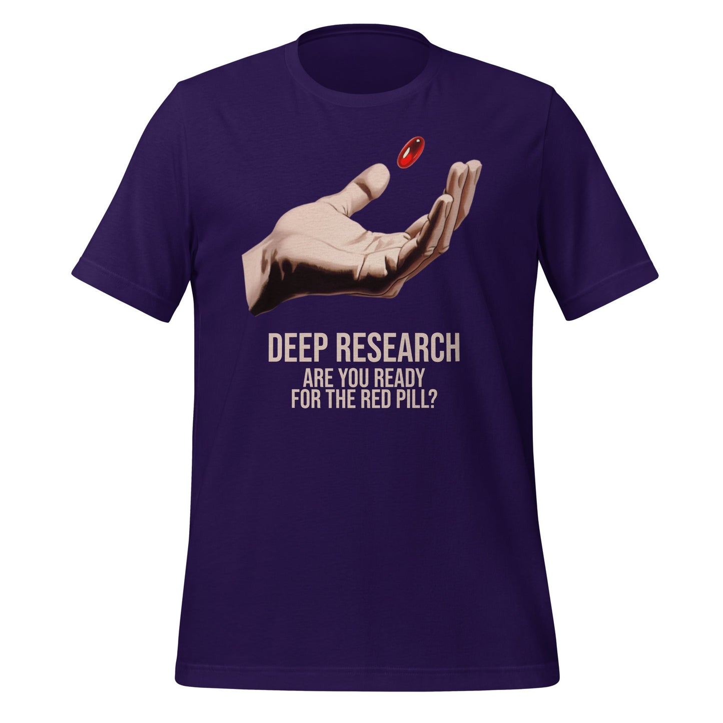 Product mockup photo of the Deep Research Red Pill T Shirt (unisex) Team Purple / M.