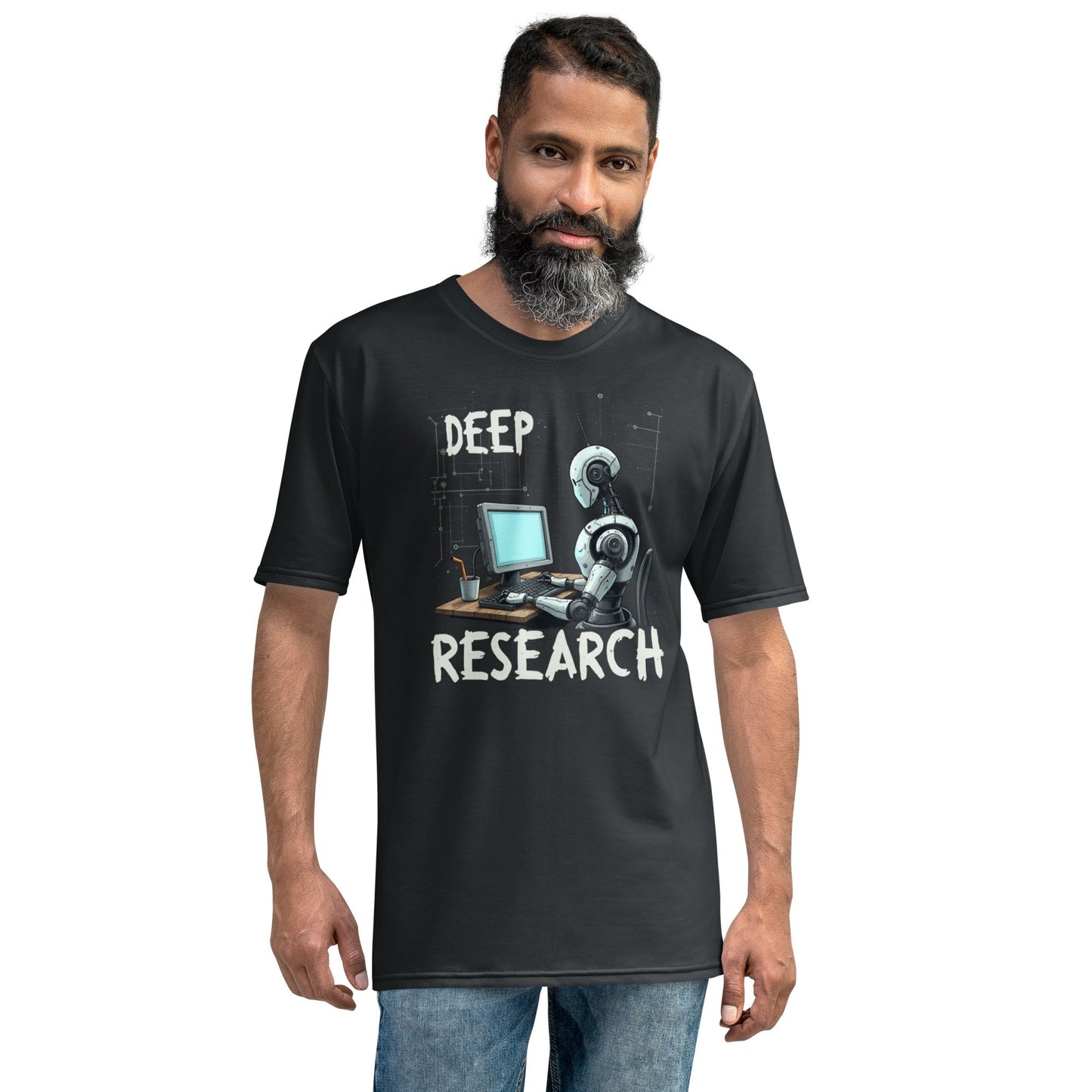 Product mockup photo of the Deep Research Robot T Shirt (men).