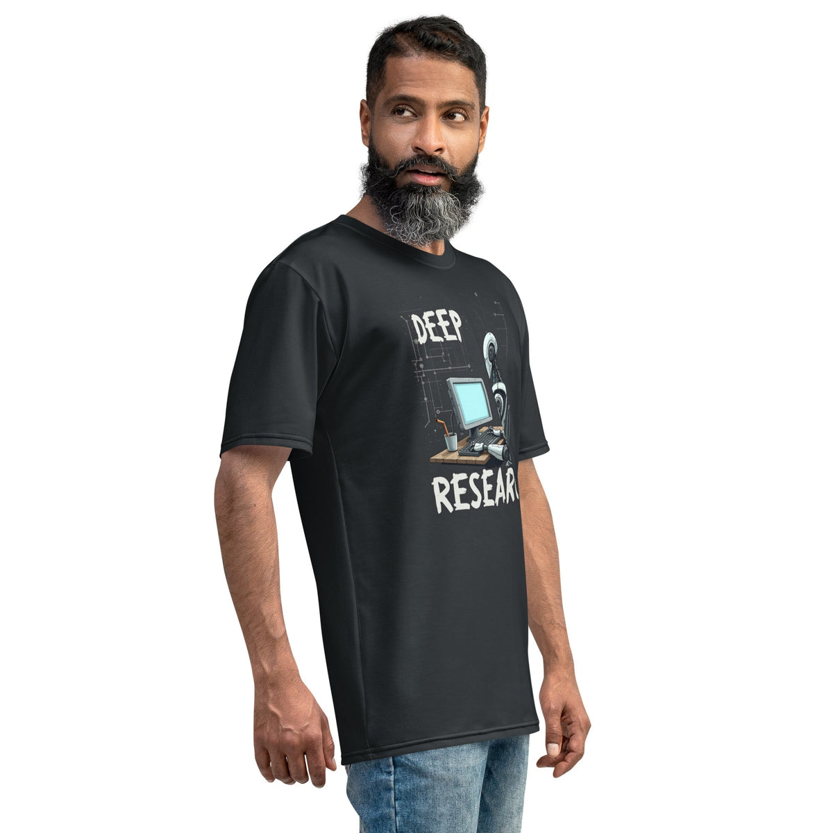 Product mockup photo of the Deep Research Robot T Shirt (men).