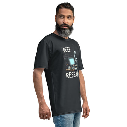 Product mockup photo of the Deep Research Robot T Shirt (men).