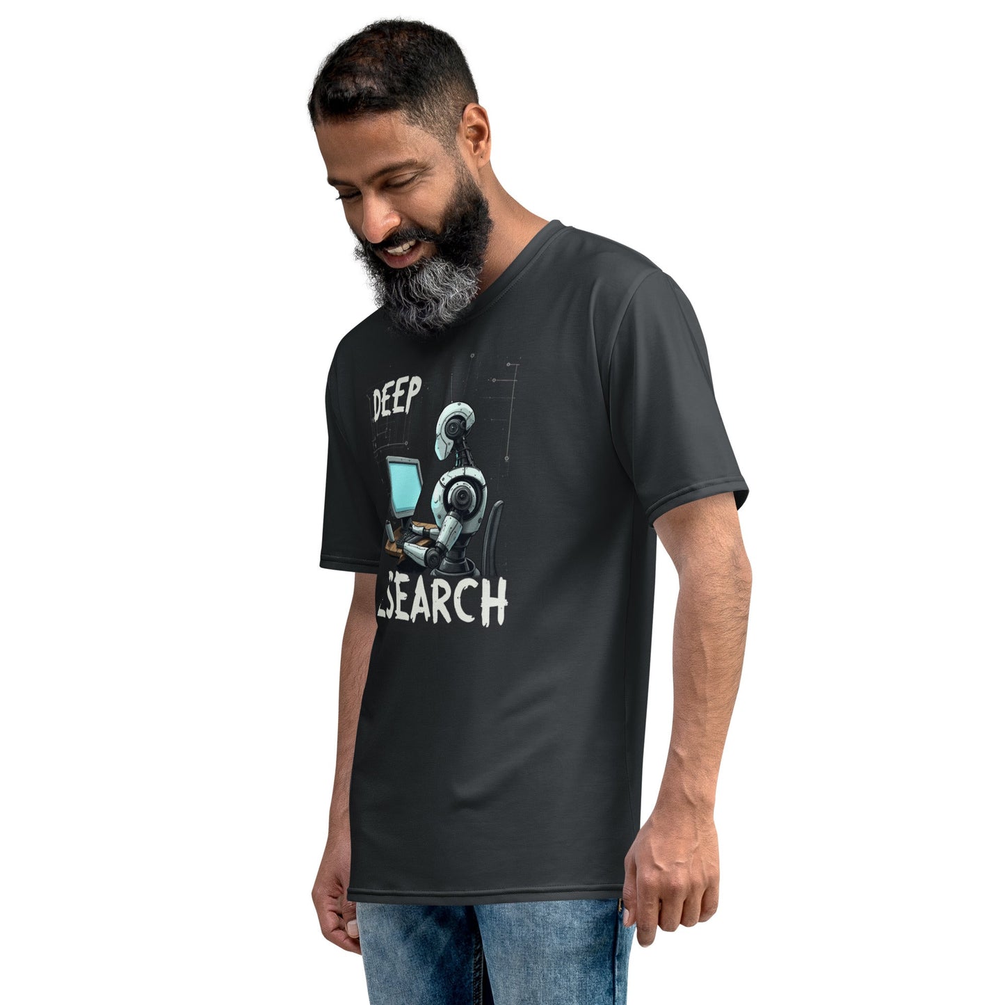 Product mockup photo of the Deep Research Robot T Shirt (men).